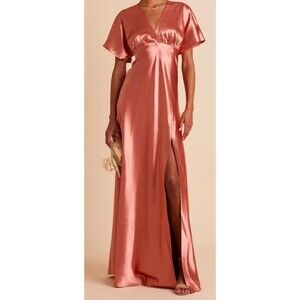 Birdy Grey Jesse Dress Womens Small Terracotta Shiny Satin Maxi V Neck Slit